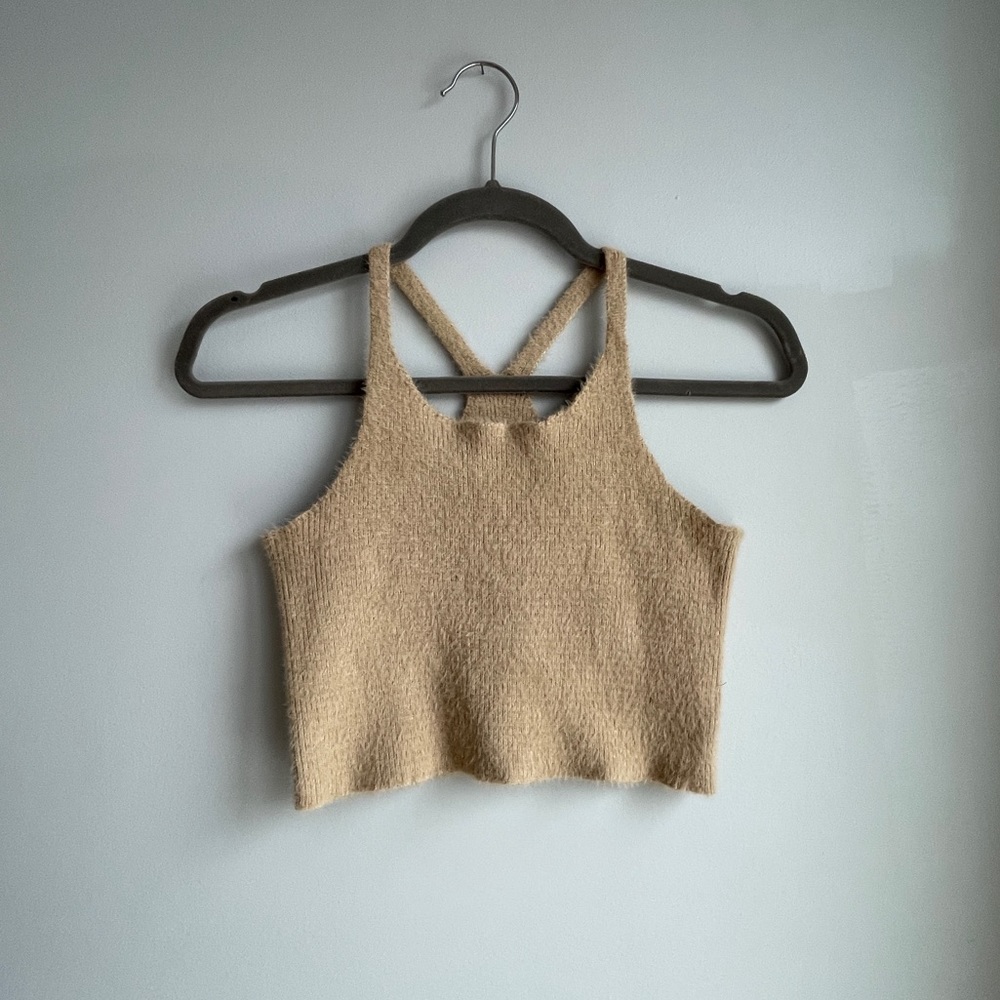 Fuzzy Beige Knit Crop Top Halter M/L